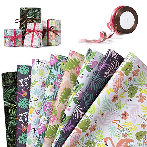 Jolintek Papel de Regalo, 8 Hojas Papel para Envolver Regalos Diseño de Flamencos Tropical Flores Palma Hojas Hoja de Papel de Envoltura de Regalos con 2 Rollo Cinta de Raso para Cumpleaños, Fiesta