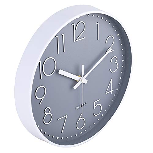 jomparis Reloj de pared moderno,grandes decorativos Silencioso interior reloj de cuarzo de cuarzo redondo No-ticking para sala de estar,panel gris marco blanco, funciona con pilas, ,30 cm diámetro,