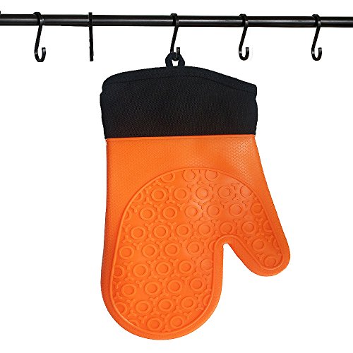 Jonhen Guantes de Silicona Resistentes al Calor Antideslizantes con Forro de algodón para Cocina, Horno, 1 par, Cepillo Extra y Soporte para Maceta (Naranja)