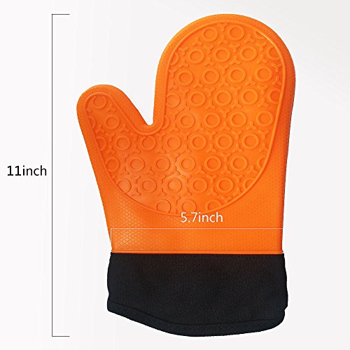 Jonhen Guantes de Silicona Resistentes al Calor Antideslizantes con Forro de algodón para Cocina, Horno, 1 par, Cepillo Extra y Soporte para Maceta (Naranja)