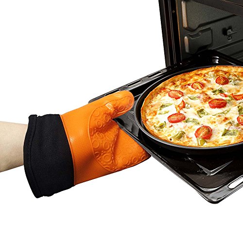 Jonhen Guantes de Silicona Resistentes al Calor Antideslizantes con Forro de algodón para Cocina, Horno, 1 par, Cepillo Extra y Soporte para Maceta (Naranja)