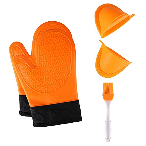 Jonhen Guantes de Silicona Resistentes al Calor Antideslizantes con Forro de algodón para Cocina, Horno, 1 par, Cepillo Extra y Soporte para Maceta (Naranja)