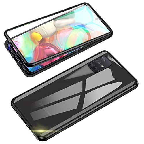 Jonwelsy Funda para Samsung Galaxy A71, 360 Grados Delantera y Trasera de Transparente Vidrio Templado Case Cover, Fuerte Tecnología de Adsorción Magnética Metal Bumper Cubierta para A71 (Negro)