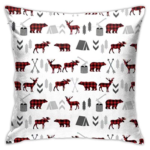 jonycm Fundas De Almohada De Tiro Buffalo Plaid Woodland Moose Deer Bear Forest Trees Camping Canada Funda De Almohada Square Soft Hostel 45X45Cm Funda De Almohada Moderna Funda De Almoh