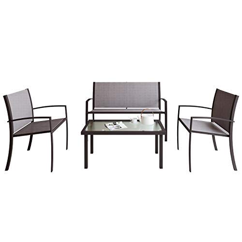 Joolihome muebles de jardín 4 plazas, mesa rectangular de cristal 2 sillones de textileno 1 asiento doble, 3 + 1 pieza de comedor interior al aire libre para terraza, patio o salón, balcón