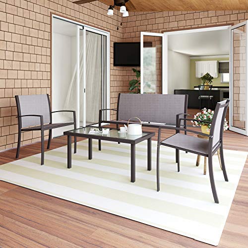 Joolihome muebles de jardín 4 plazas, mesa rectangular de cristal 2 sillones de textileno 1 asiento doble, 3 + 1 pieza de comedor interior al aire libre para terraza, patio o salón, balcón