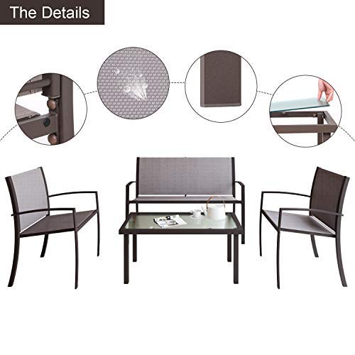 Joolihome muebles de jardín 4 plazas, mesa rectangular de cristal 2 sillones de textileno 1 asiento doble, 3 + 1 pieza de comedor interior al aire libre para terraza, patio o salón, balcón