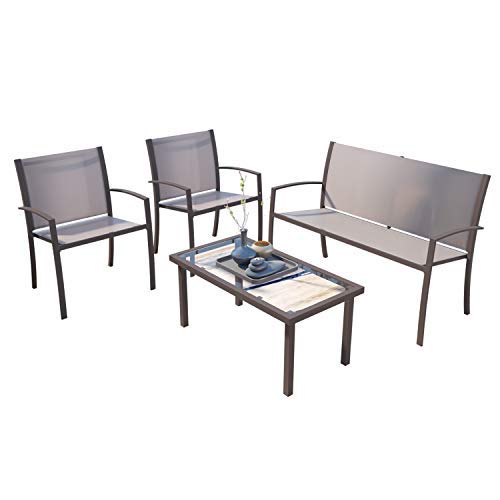 Joolihome muebles de jardín 4 plazas, mesa rectangular de cristal 2 sillones de textileno 1 asiento doble, 3 + 1 pieza de comedor interior al aire libre para terraza, patio o salón, balcón