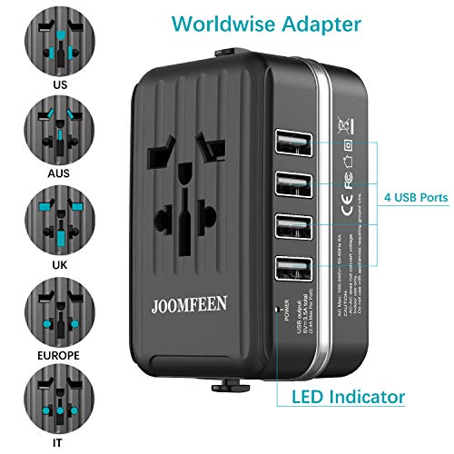 JOOMFEEN Adaptador Enchufe Universal, Adaptador De Viaje Internacional con 4 Puertos USB para Ingles/EEUU/Irlanda/Inglaterra/Chino/Americano/Europeo/Japon/Canada USA EU UK AU De 150 Países(Negro)