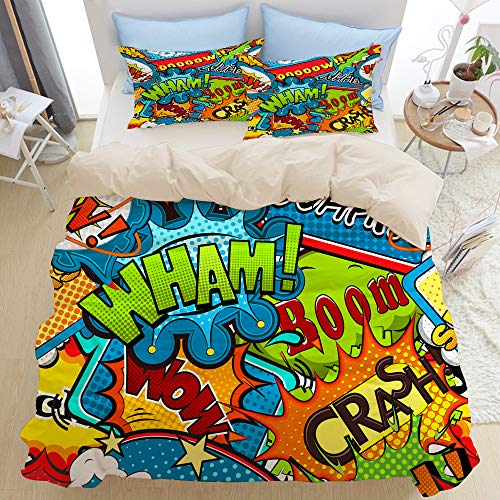 JOSENI Bocadillos de cómic Multicolores Microfibra Funda de Nórdico y Fundas de Almohada (Cama 150 x 200cm + Almohada 63X63cm)