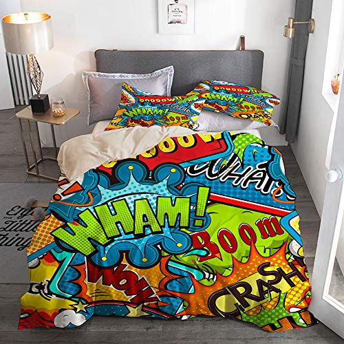 JOSENI Bocadillos de cómic Multicolores Microfibra Funda de Nórdico y Fundas de Almohada (Cama 150 x 200cm + Almohada 63X63cm)