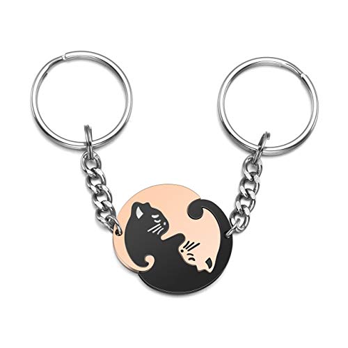 Jovivi - 2 llaveros de acero inoxidable para parejas con diseño de gato Ying Yang Tai Chi, para pareja, regalo de San Valentín