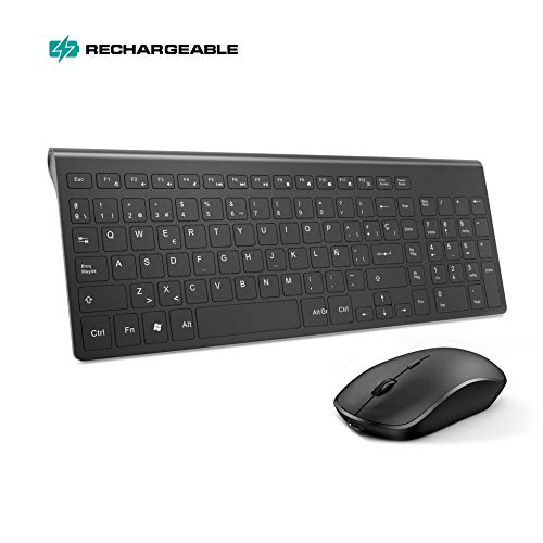 JOYACCESS Teclado y Ratón Inalámbrico Recargable, Teclado Inalámbrico, Portátil Compacto Teclado y Raton, Ergonómico Ratón Inalámbrico de 2400 dpi Pare PC/Laptop/Windows (Español QWERTY)-Negro