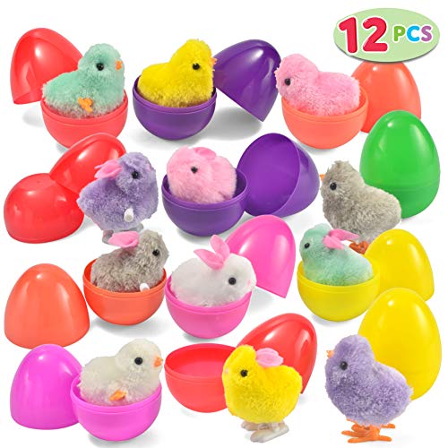 JOYIN Juguetes a Cuerda con 12 conejitos y Juguetes de Pollo Lindos y Coloridos Huevos de Pascua Rellenos de Juguetes, Surtidos y precargados 12 Huevos de Pascua