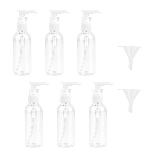 JOYISEN 6 botellas de viaje transparentes de 100 ml/3.4 oz de plástico bomba de viaje dispensador de loción vacío botellas de viaje de aire con 2 embudo pequeño