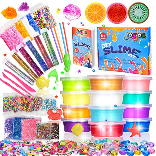 Joyjoz DIY Slime Kit, 12 Arcilla de Cristal Transparente Limo+3 Limo de Fruta with Varias Decoraciones como Bolas Coloridas de Espuma y Polvo Luminoso, Regalo Creativo Juguete para Niños (43 Pz)