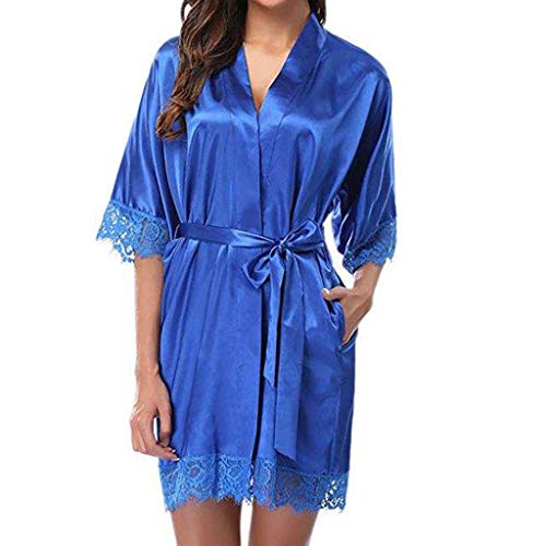 JOYKK Camisón de Media Manga de Seda de Hielo de Verano para Mujer Sexy pestañas de Encaje Patchwork Short Kimono Robe Ropa de Dormir con cinturón sólido con Bolsillos - Negro