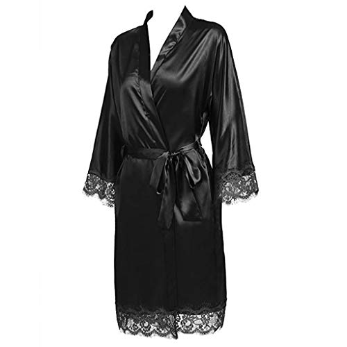 JOYKK Camisón de Media Manga de Seda de Hielo de Verano para Mujer Sexy pestañas de Encaje Patchwork Short Kimono Robe Ropa de Dormir con cinturón sólido con Bolsillos - Negro