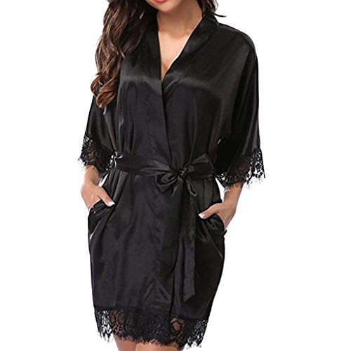 JOYKK Camisón de Media Manga de Seda de Hielo de Verano para Mujer Sexy pestañas de Encaje Patchwork Short Kimono Robe Ropa de Dormir con cinturón sólido con Bolsillos - Negro