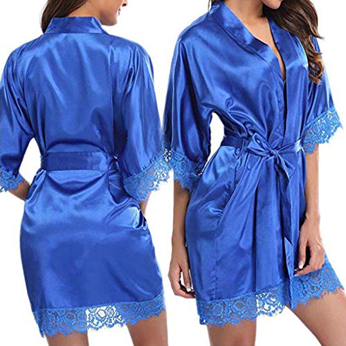 JOYKK Camisón de Media Manga de Seda de Hielo de Verano para Mujer Sexy pestañas de Encaje Patchwork Short Kimono Robe Ropa de Dormir con cinturón sólido con Bolsillos - Negro