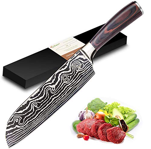 Joyspot Cuchillo Cocina, Cuchillo japonés Santoku, Cuchillo de Chef Profesional de 7 Pulgadas - Cuchillos alemanes de Acero Inoxidable de Alto Carbono con Mango ergonómico Antideslizante …