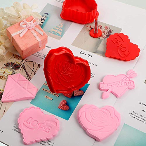 Jsmhh 4pcs Valentines Day cortadores de la Galleta - corazón de Rose, Amor del corazón, Flecha de Cupido y Diamond Stamper - 3D Pasta de azúcar de la Galleta del émbolo Juego de moldes