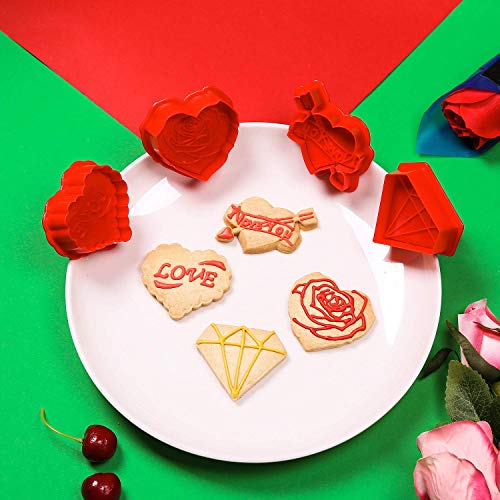 Jsmhh 4pcs Valentines Day cortadores de la Galleta - corazón de Rose, Amor del corazón, Flecha de Cupido y Diamond Stamper - 3D Pasta de azúcar de la Galleta del émbolo Juego de moldes