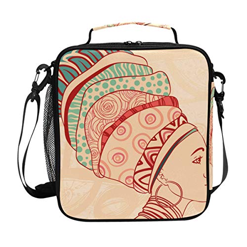 JSTEL - Bolsa de almuerzo para mujer africana y elementos, bolsa de almuerzo, contenedor de alimentos para gourmet Bento, bolsa térmica para viajes, picnic, escuela, oficina