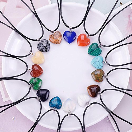 Juanya 20 piezas de corazón con forma de gota de agua de piedra colgantes colgantes de cristal de cuarzo con cuentas de chakras de 45 cm de color negro de imitación de cuero collar