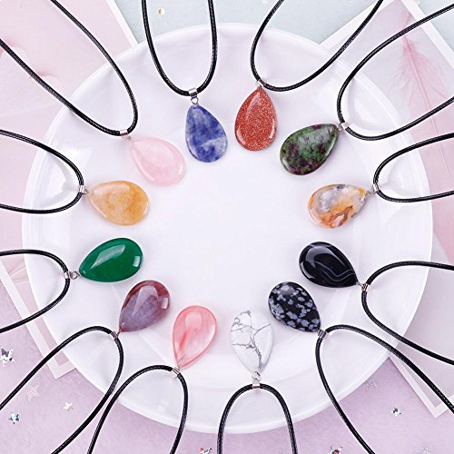 Juanya 20 piezas de corazón con forma de gota de agua de piedra colgantes colgantes de cristal de cuarzo con cuentas de chakras de 45 cm de color negro de imitación de cuero collar