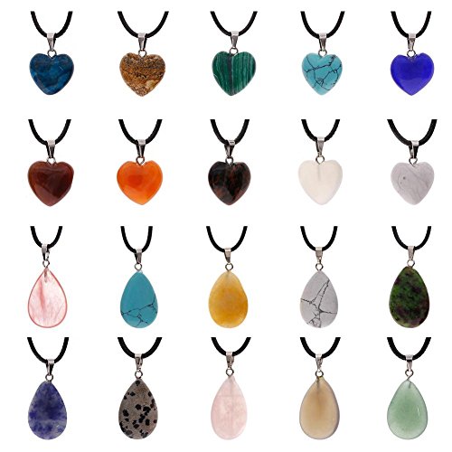 Juanya 20 piezas de corazón con forma de gota de agua de piedra colgantes colgantes de cristal de cuarzo con cuentas de chakras de 45 cm de color negro de imitación de cuero collar