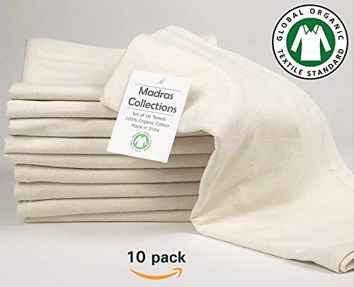 Juego de 10 toallas de cocina multiuso, color blanco, 100% algodón orgánico, altamente absorbentes, para bordado de color marfil