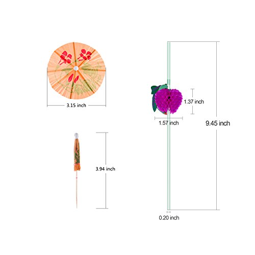 Juego de 100 piezas de decoración de cócteles incluyendo 50 piezas de varios colores mini paraguas púas y 50 piezas de color mezclado 3D pajitas de frutas