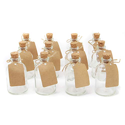 Juego de 12 botellas de vidrio mini | Favores de las decoraciones de la boda | Botellas De Vidrio De 50ml Con Tapas De Corcho | Incluye etiquetas adjuntas | Decoraciones de cocina | M&W