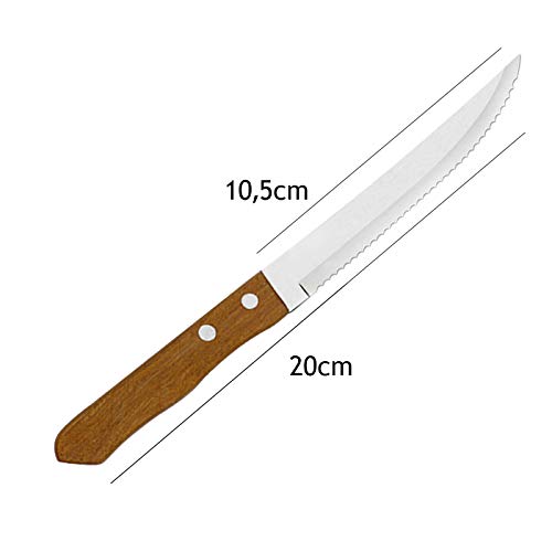 Juego de 12 Cuchillo de mesa con mango de madera natural, Cuchillo de Carne Acero Inoxidable - Hoja de Sierra