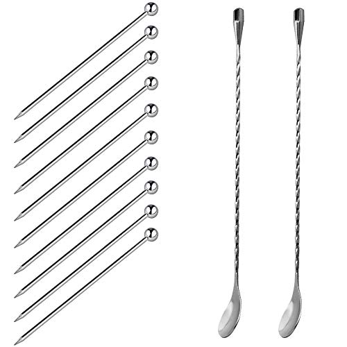 Juego de 12 palillos de cóctel de acero inoxidable y cucharas de mezcla, 10 piezas de 10 palillos de cóctel de 4 pulgadas y 2 cucharas de 12 pulgadas con patrón de espiral para cocteles