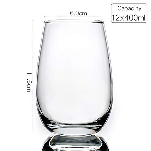 Juego de 12 Vasos de Vino Tinto (400 ml), sin pie, inastillables, jugo, agua, whisky