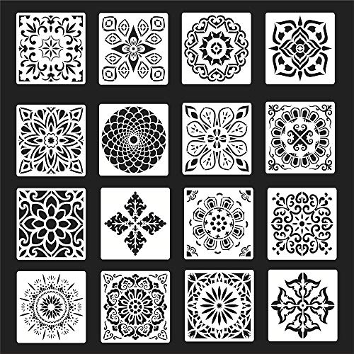 Juego de 16 plantillas reutilizables de mandalas, plantillas artísticas para pintar, decorar paredes, muebles, suelo, ventana, piedras, tejidos, azulejos y álbum de recortes