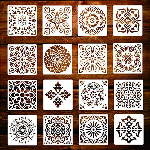 Juego de 16 plantillas reutilizables de mandalas, plantillas artísticas para pintar, decorar paredes, muebles, suelo, ventana, piedras, tejidos, azulejos y álbum de recortes