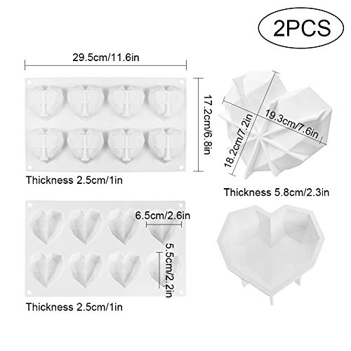 Juego de 2 moldes de silicona de diamante para pastel molde de pastel de silicona con forma de corazón de 8 cavidades molde de pastel de mousse corazón de diamante grande molde de postre antiadherente