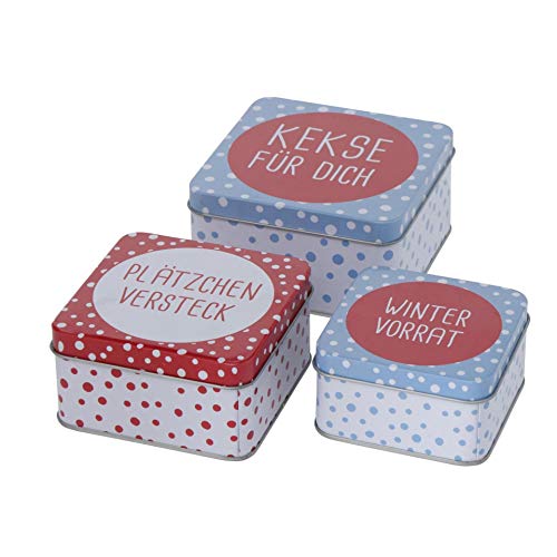 Juego de 3 cajas de metal para galletas, rectangulares, color azul claro, rojo y blanco, galletas para ti, escondidas para invierno, surtido de 9 – 12 cm