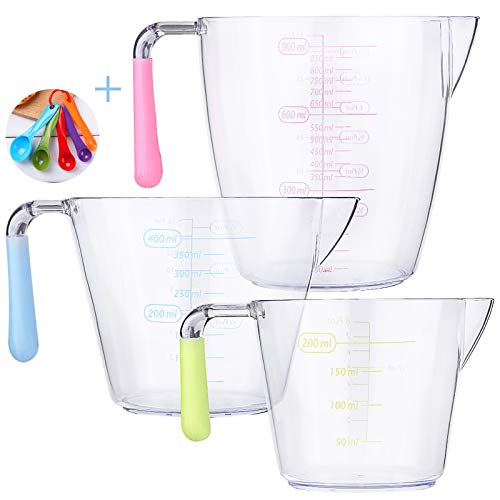 Juego de 3 jarras medidoras de plástico,Taza Medidora Transparente,200ml,400ml,900ml con Pico Resistente al Calor Taza de té Jarra de Leche Jarra,Cuchara medidora de Cinco Piezas