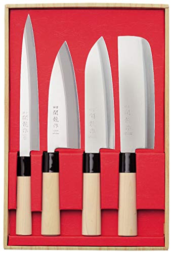 Juego de 4 Cuchillos Japoneses SekiRyu Sashimi, Deba, Santoku y Nakiri - SR1000. Cuchilla de Acero Inoxidable