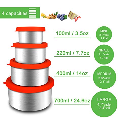 Juego de 4 recipientes de Almacenamiento de Alimentos de Acero Inoxidable para refrigerador, Tapas de Silicona sin BPA, a Prueba de Fugas, Cajas de Almuerzo Bento (4 Paquetes de Diferentes tamaños)