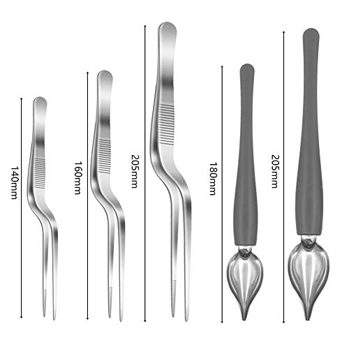 Juego de 5 cucharas de cocina de acero inoxidable con boquilla cónica y pinzas de precisión, pinzas para platos de cocina, decoración de postres, decoración de pasteles