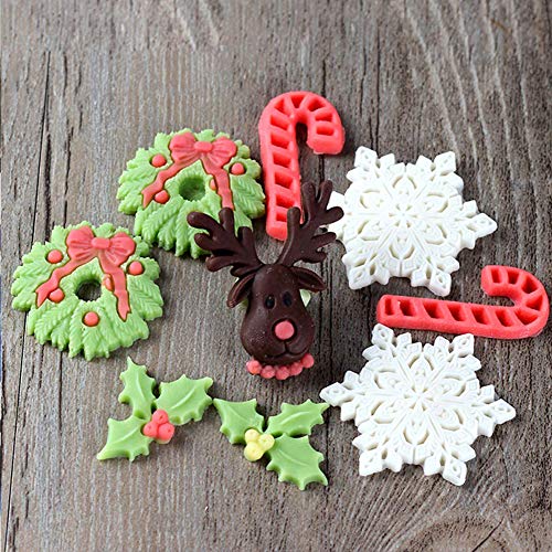 Juego de 5 moldes para fondant de Navidad, diseño de copo de nieve 3D, árbol de Navidad, reno, hoja de acebo, muletas, muñeco de nieve, para decoración de tartas de cumpleaños