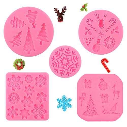 Juego de 5 moldes para fondant de Navidad, diseño de copo de nieve 3D, árbol de Navidad, reno, hoja de acebo, muletas, muñeco de nieve, para decoración de tartas de cumpleaños