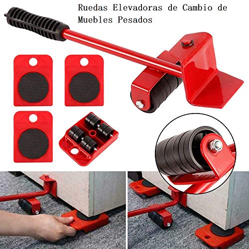 Juego de 5 Piezas Transportador de Muebles con Ruedas Elevador Herramienta de Elevación de Muebles Pesados Portátil para Mover Mobiliario para el Hogar