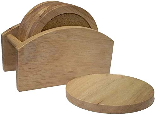 Juego de 6 posavasos redondos de madera Hevea con incrustaciones de corcho, incluye soporte de madera de goma, soporte de exhibición para el hogar, cocina, oficina, mesa ecológica y liviana