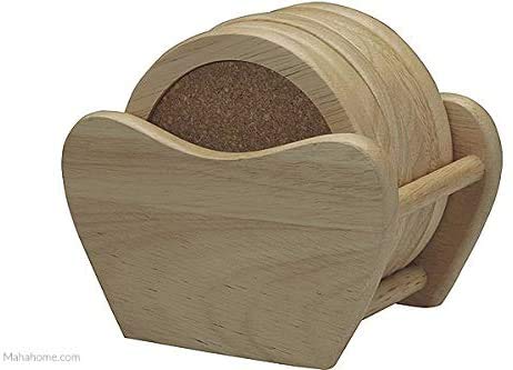 Juego de 6 posavasos redondos de madera Hevea con incrustaciones de corcho, incluye soporte de madera de goma, soporte de exhibición para el hogar, cocina, oficina, mesa ecológica y liviana